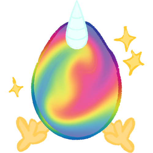 A swirly rainbow-colored egg  with chicken legs and a unicorn horn. There are three yellow sparkles around it.
